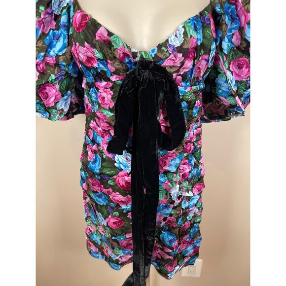 For Love & Lemons Marley Floral Puff Sleeve Ruched Bow Tie Mini Dress Size XS - Picture 3 of 7